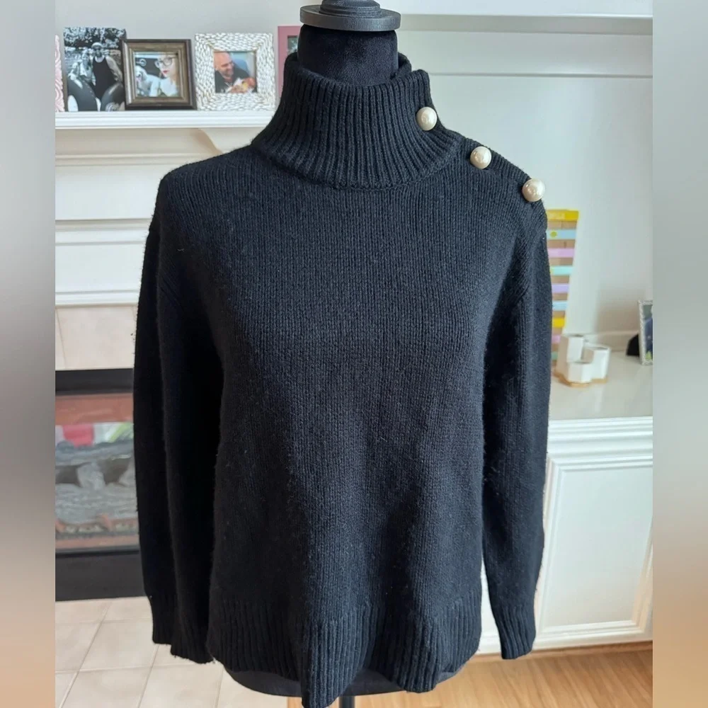 KATE SPADE Cashmere Wool Blend Pullover Black Sweater w/ Pearl Button Details